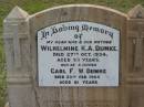 
Wilhelmine K.A. DUMKE,
wife mother,
died 27 Oct 1934 aged 53 years;
Carl F.W. DUMKE,
father,
died 23 Feb 1965 aged 81 years;
Caboonbah Church Cemetery, Esk Shire
