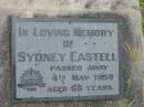
Sydney EASTELL,
died 4 May 1959 aged 68 years;
Caboonbah Church Cemetery, Esk Shire
