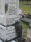 
Julia, wife of D.J. SODEN,
died 15 Nov 1906 aged 32 years;
David James SODEN, husband,
died 27 July 1956 aged 78 years;
Caboonbah Church Cemetery, Esk Shire
