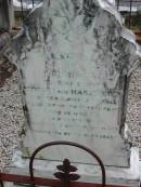 
Richard, son of Robert & Mary SODEN,
injured by a fall near the Beppo School on 6th,
died at Ipswich on 9th Nov 1893;
Robert Dawson SODEN,
born 27 Oct 1837  Fort William, Virginia, Ireland,
died 3 Jan 1905 Mt Beppo aged 67 years;
Mary Frances SODEN, wife,
born 29 Dec 1841 Lislin, Mullagh, Cavan,
died 25 Dec 1911 Mt Beppo aged 69 years;
Julia, wife of D.J. SODEN,
died 15 Nov 1906 aged 32 years;
David James SODEN, husband,
died 27 July 1956 aged 78 years;
Caboonbah Church Cemetery, Esk Shire
