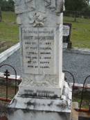 
Richard, son of Robert & Mary SODEN,
injured by a fall near the Beppo School on 6th,
died at Ipswich on 9th Nov 1893;
Robert Dawson SODEN,
born 27 Oct 1837  Fort William, Virginia, Ireland,
died 3 Jan 1905 Mt Beppo aged 67 years;
Mary Frances SODEN, wife,
born 29 Dec 1841 Lislin, Mullagh, Cavan,
died 25 Dec 1911 Mt Beppo aged 69 years;
Julia, wife of D.J. SODEN,
died 15 Nov 1906 aged 32 years;
David James SODEN, husband,
died 27 July 1956 aged 78 years;
Caboonbah Church Cemetery, Esk Shire
