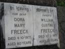 
parents;
Dora Mary FREECK,
died 4-10-1977 aged 80 years;
William Gustav FREECK,
died 10-3-1971 aged 77 years;
Caboonbah Church Cemetery, Esk Shire

