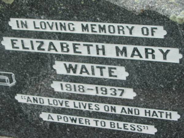 Elizabeth Mary WAITE,  | 1918 - 1937;  | A.C. (Derek) WAIT,  | 31-3-20 - 29-1-98;  | R.J.A. (Dick) ANDERSEN,  | 19-4-24 - 27-12-74;  | L. Katharine ANDERSEN,  | 3-8-25 - 16-4-99;  | Caboonbah Church Cemetery, Esk Shire  | Caboonbah Church Cemetery, Esk Shire  | 