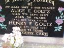 
Alice E. GOLTZ, wife mother,
died 7 Sept 1967 aged 58 years;
Henry E. GOLTZ, father,
died 9 July 1981 aged 79 years;
--
Alice Elizabeth GOLTZ
research contact: J HOGER

Caffey Cemetery, Gatton Shire
