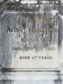
August Friederich Wilhelm OST,
died 27 Aug 1927 aged 67 years;
Emilie Laura, wife,
died 7 Feb 1925 aged 58 years;
Caffey Cemetery, Gatton Shire
