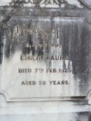 
August Friederich Wilhelm OST,
died 27 Aug 1927 aged 67 years;
Emilie Laura, wife,
died 7 Feb 1925 aged 58 years;
Caffey Cemetery, Gatton Shire
