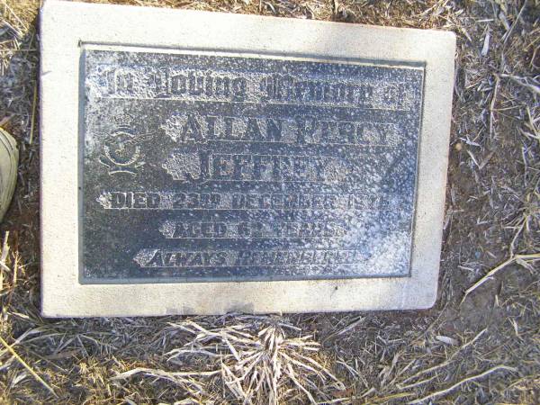 Allan Percy JEFFREY,  | died 23 Dec 1975 aged 62 years;  | Caffey Cemetery, Gatton Shire  | 