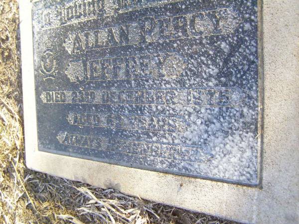 Allan Percy JEFFREY,  | died 23 Dec 1975 aged 62 years;  | Caffey Cemetery, Gatton Shire  | 