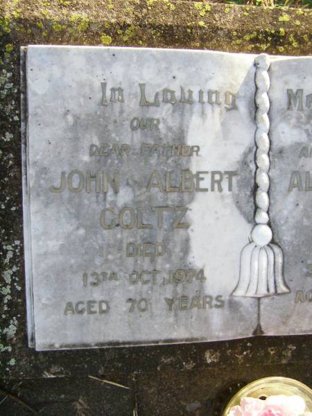 John Albert GOLTZ, father,  | died 13 Oct 1974 aged 70 years;  | Alma Amelia GOLTZ, wife mother,  | died 31 May 1969 aged 51 years;  | Caffey Cemetery, Gatton Shire  | 