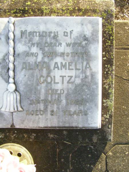 John Albert GOLTZ, father,  | died 13 Oct 1974 aged 70 years;  | Alma Amelia GOLTZ, wife mother,  | died 31 May 1969 aged 51 years;  | Caffey Cemetery, Gatton Shire  | 