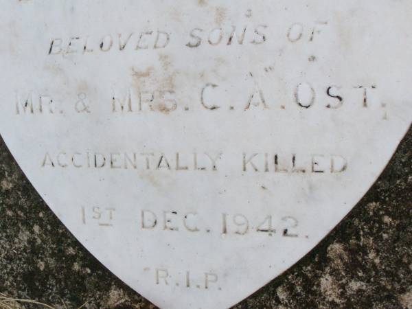 Bertie, 11 years;  | Tony, 8 years;  | sons of Mr & Mrs C.A. OST,  | accidentally killed 1 Dec 1942;  | Caffey Cemetery, Gatton Shire  | 