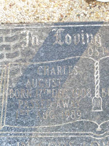 Charles August OST,  | born 17 Dec 1908 died 1 Aug 1989;  | Caroline Augusta OST,  | born 7 Oct 1905 died 9 Sept 1975;  | Caffey Cemetery, Gatton Shire  | 