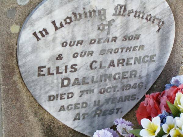 Ellis Clarence DALLINGER, son brother,  | died 7 Oct 1946 aged 11 years;  | Caffey Cemetery, Gatton Shire  | 