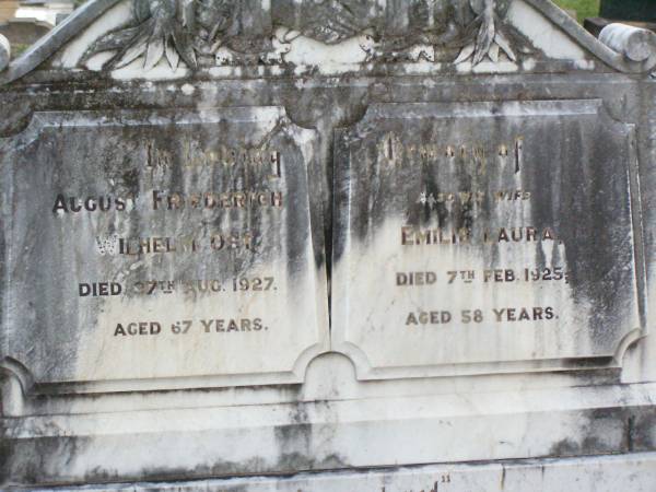 August Friederich Wilhelm OST,  | died 27 Aug 1927 aged 67 years;  | Emilie Laura, wife,  | died 7 Feb 1925 aged 58 years;  | Caffey Cemetery, Gatton Shire  | 