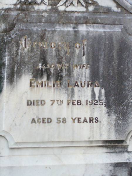 August Friederich Wilhelm OST,  | died 27 Aug 1927 aged 67 years;  | Emilie Laura, wife,  | died 7 Feb 1925 aged 58 years;  | Caffey Cemetery, Gatton Shire  | 