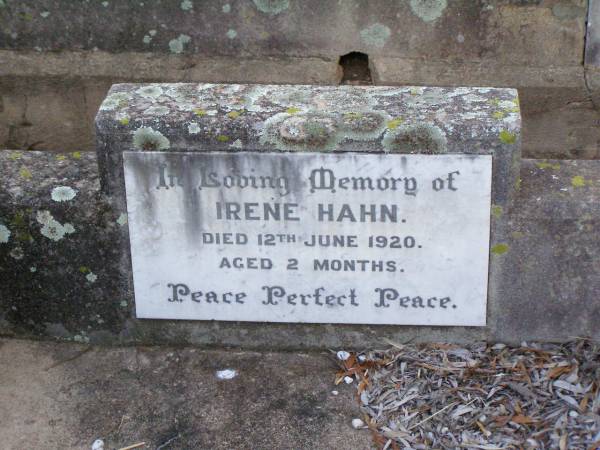 Irene HAHN,  | died 12 June 1920 aged 2 months;  | Caffey Cemetery, Gatton Shire  | 