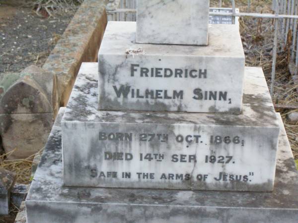 Friedrich Wilhelm SINN,  | born 27 Oct 1866 died 14 Sept 1927;  | Caffey Cemetery, Gatton Shire  | 