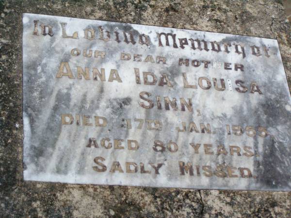 Anna Ida Louisa SINN, mother,  | died 17 Jan 1955 aged 80 years;  | Caffey Cemetery, Gatton Shire  | 