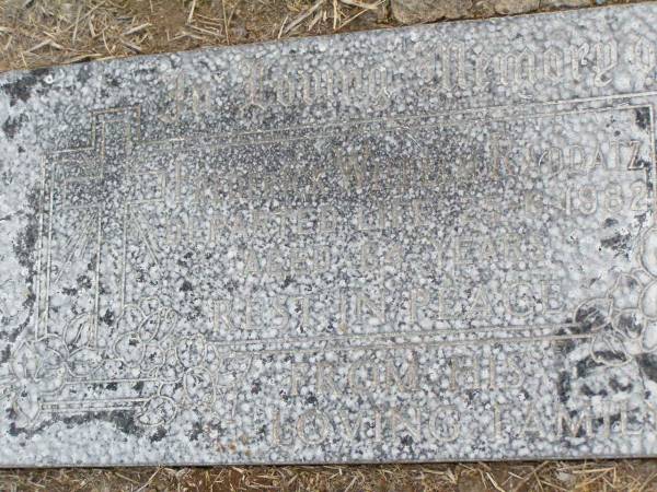 Frederick Wilhelm RADDATZ,  | died 25-6-1982 aged 64 years;  | Caffey Cemetery, Gatton Shire  | 