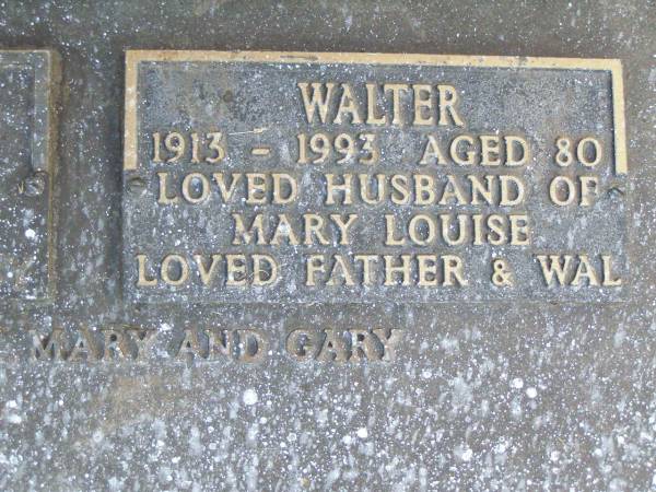 Mary Louise ARNDT,  | 1915 - 1987,  | wife of Walter,  | mother of Frederick, Mary & Gary;  | Walter ARNDT,  | 1913 - 1993 aged 80 years,  | husband of Mary Louise,  | father of Frederick, Mary & Gary;  | Caffey Cemetery, Gatton Shire  | 