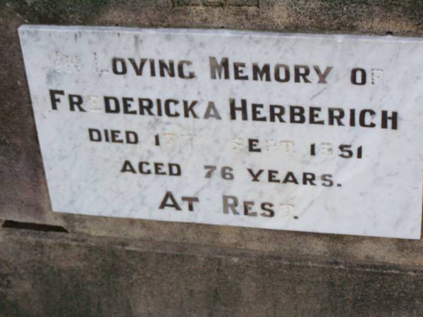 Fredericka HERBERICH,  | died 17 Sept 1951 aged 76 years;  | Caffey Cemetery, Gatton Shire  | 