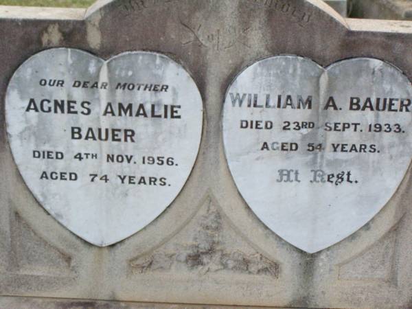 Agnes Amalie BAUER, mother,  | died 4 Nov 1956 aged 74 years;  | William A. BAUER,  | died 23 Sept 1933 aged 54 years;  | Caffey Cemetery, Gatton Shire  | 