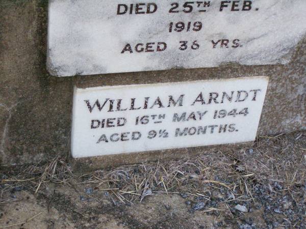 Ferdinand DAU,  | died 25 Feb 1919 aged 38 years;  | William ARNDT,  | died 16 May 1944 aged 9 1/2 months;  | Caffey Cemetery, Gatton Shire  | 