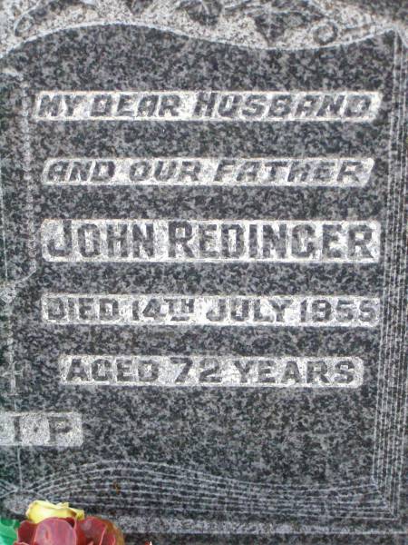 Christina REDINGER, mother,  | died 30 Dec 1970 aged 78 years;  | John REDINGER, husband father,  | died 14 July 1955 aged 72 years;  | Caffey Cemetery, Gatton Shire  | 