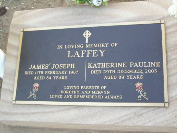 James Joseph LAFFEY,  | died 11 Feb 1987 aged 84 years;  | Katherine Pauline LAFFEY,  | died 29 Dec 2003 aged 89 years;  | parents of Dorothy & Mervyn;  | Caffey Cemetery, Gatton Shire  | 