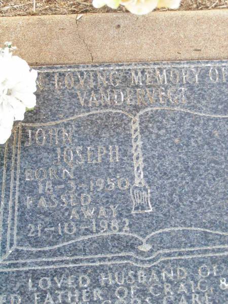 John Joseph VANDERVEGT,  | born 18-3-1950,  | died 21-10-1982,  | husband of ??,  | father of Craig ??;  | Caffey Cemetery, Gatton Shire  | 