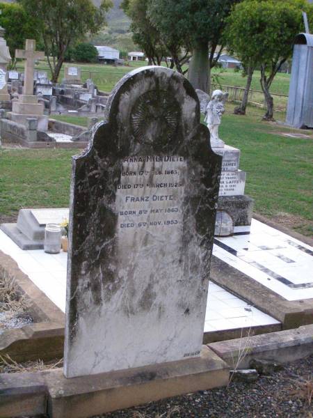 Anna M.L. DIETE,  | born 17 Feb 1865,  | died 17 March 1925;  | Franz DIETE,  | born 8 May 1863,  | died 6 Nov 1953;  |   | research contact: Jan HOGER  | Ann Marie Louisa DIETE  |   | Caffey Cemetery, Gatton Shire  | 
