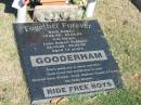 GOODERHAM;
Mark Robert, 16-06-66 - 04-04-03;
Luke Robert Thomas, son,
22-10-88 - 03-02-02 aged 13 years;
son of Jenny & Mark,
dad brother of Jack,
sons, brother, uncle, nephew, cousin;
Canungra Cemetery, Beaudesert Shire