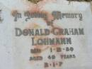 Donald Graham LOHMANN,
died 1-12-80 aged 49 years;
Canungra Cemetery, Beaudesert Shire