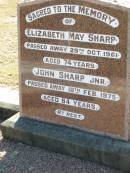 Elizabeth May SHARP,
died 29 Oct 1961 aged 74 years;
John SHARP Jnr,
died 18 Feb 1975 aged 84 years;
Canungra Cemetery, Beaudesert Shire