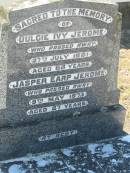 Duclie Ivy JEROME,
died 27 July 1961 aged 68 years;
Jasper Earp JEROME,
died 9 May 1973 aged 87 years;
Canungra Cemetery, Beaudesert Shire
