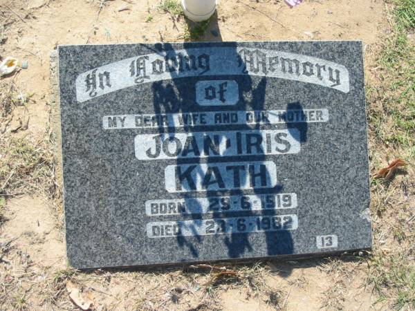 Joan Iris KATH,  | born 29-6-1919 died 23-6-1982;  | Canungra Cemetery, Beaudesert Shire  | 
