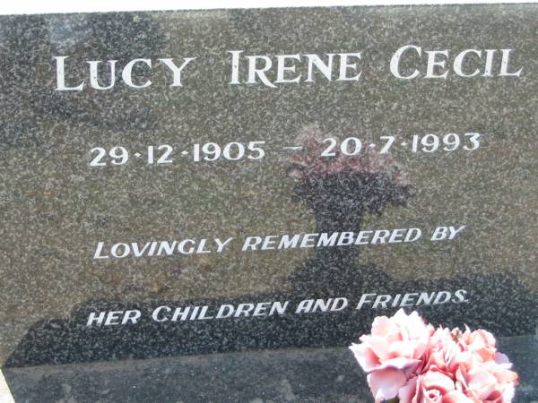 Lucy Irene CECIL,  | 29-12-1905 - 20-7-1993,  | remembered by children;  | Canungra Cemetery, Beaudesert Shire  | 