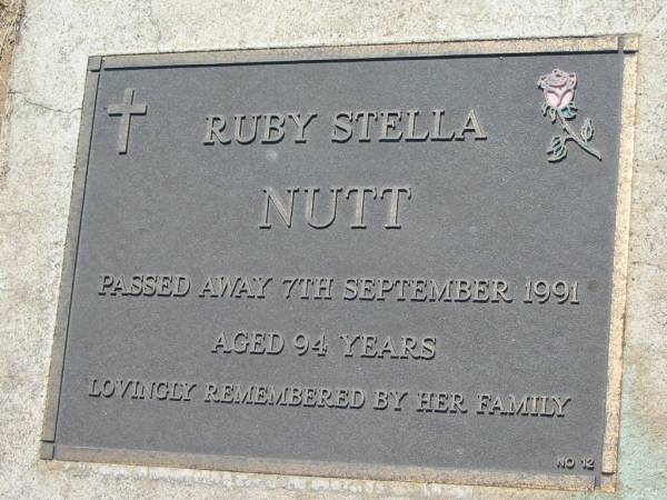 Ruby Stella NUTT,  | died 7 Sept 1991 aged 94 years;  | Canungra Cemetery, Beaudesert Shire  | 