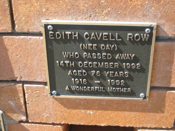 Edith Cavell ROW (nee DAY), mother,  | died 14 Dec 1992 aged 76 years,  | 1916 - 1992;  | Canungra Cemetery, Beaudesert Shire  | 