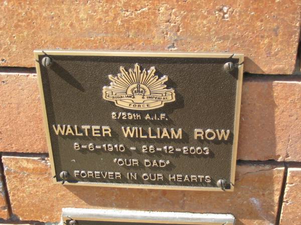 Walter William ROW, dad,  | 8-6-1910 - 26-12-2003;  | Canungra Cemetery, Beaudesert Shire  | 