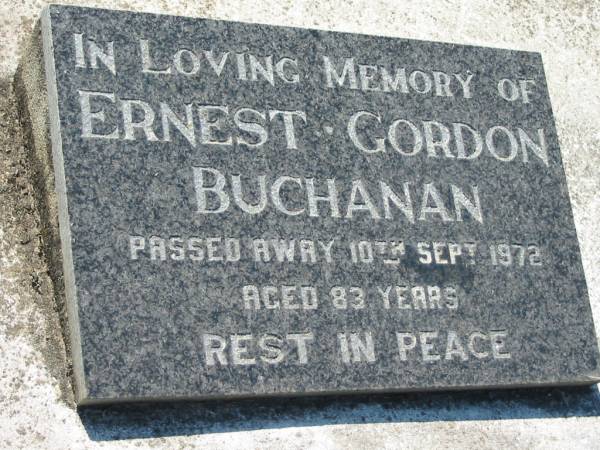 Ernest Gordon BUCHANAN,  | died 10 Sept 1972 aged 83 years;  | Canungra Cemetery, Beaudesert Shire  | 