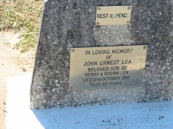 John Ernest LEA,  | son of Henry & Rosina LEA,  | died 12 Oct 1961 aged 65 years;  | Canungra Cemetery, Beaudesert Shire  | 