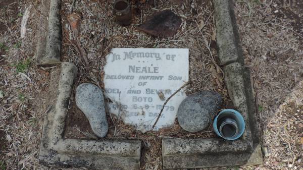 Neale BOTO  |   | infant son of Joel and Beverley BOTO  | d: 6 Sep 1979 aged 1 day  |   | Cawarral Cemetery  |   | 