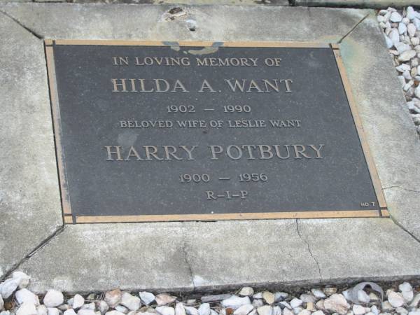 Hilda A. WANT 1902-1990 wife of Leslie WANT;  | Harry POTBURY 1900-1945;  | Chambers Flat Cemetery, Beaudesert  | 
