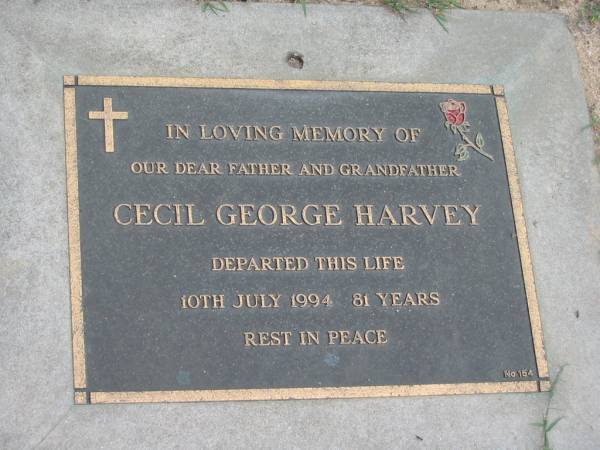 father grandfather Cecil George HARVEY died 10 July 1994 aged 81 years;  | Chambers Flat Cemetery, Beaudesert  | 