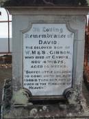 David Gibson 4 Nov 1875 aged 14 weeks
Chapel Hill Uniting Church (formerly Methodist) - Brisbane