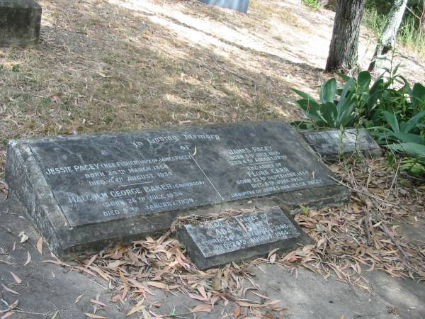 Jessie Pacey (nee Fisher) 24 Mar 1864 to 4 Aug 1934  | Malcolm George Baker 26 Jul 1938 to 9 Jan 1939  | James Pacey 3 Jul 1860 to 4 Aug 1939  | Flora Carr 22 Sep 1884 to 8 Jun 1963  | Ada J Pacey 220 Nov 1886 to 4 Aug 1965  | Eveline Maud Parsons (Nee Pacey) 4 Jul 1885? to 7 Jan 1972  |   | Chapel Hill Uniting (formerly Methodist) Cemetery - Brisbane  |   | 