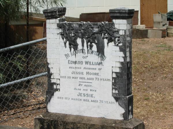 Edward William Moore 3 May 1928 aged 73  | (wife) Jessie Moore 18 Mar 1932 aged 75  | Chapel Hill Uniting (formerly Methodist) Cemetery - Brisbane  |   | 