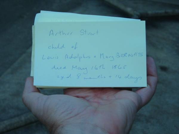 Arthur Stuart child of Lewis Adolphus & Mary BERNAYS died 16 May 1865 aged 8 months & 14 days,  | Christ Church (Anglican), Milton, Brisbane  |