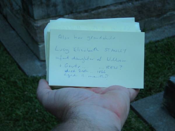 grandchild Lucy Elizabeth Stanley infant daughter of William & Gertr???? DREW died 28 ?? 1866 aged 11 months?,  | Christ Church (Anglican), Milton, Brisbane  |